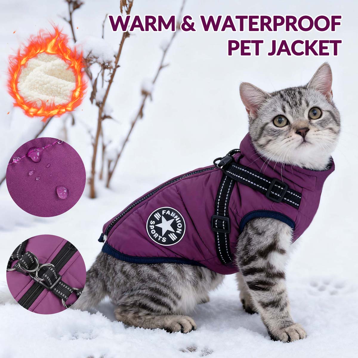 Waterproof Pet Jacket with Built-in Harness, Fleece Lining & Reflective Design