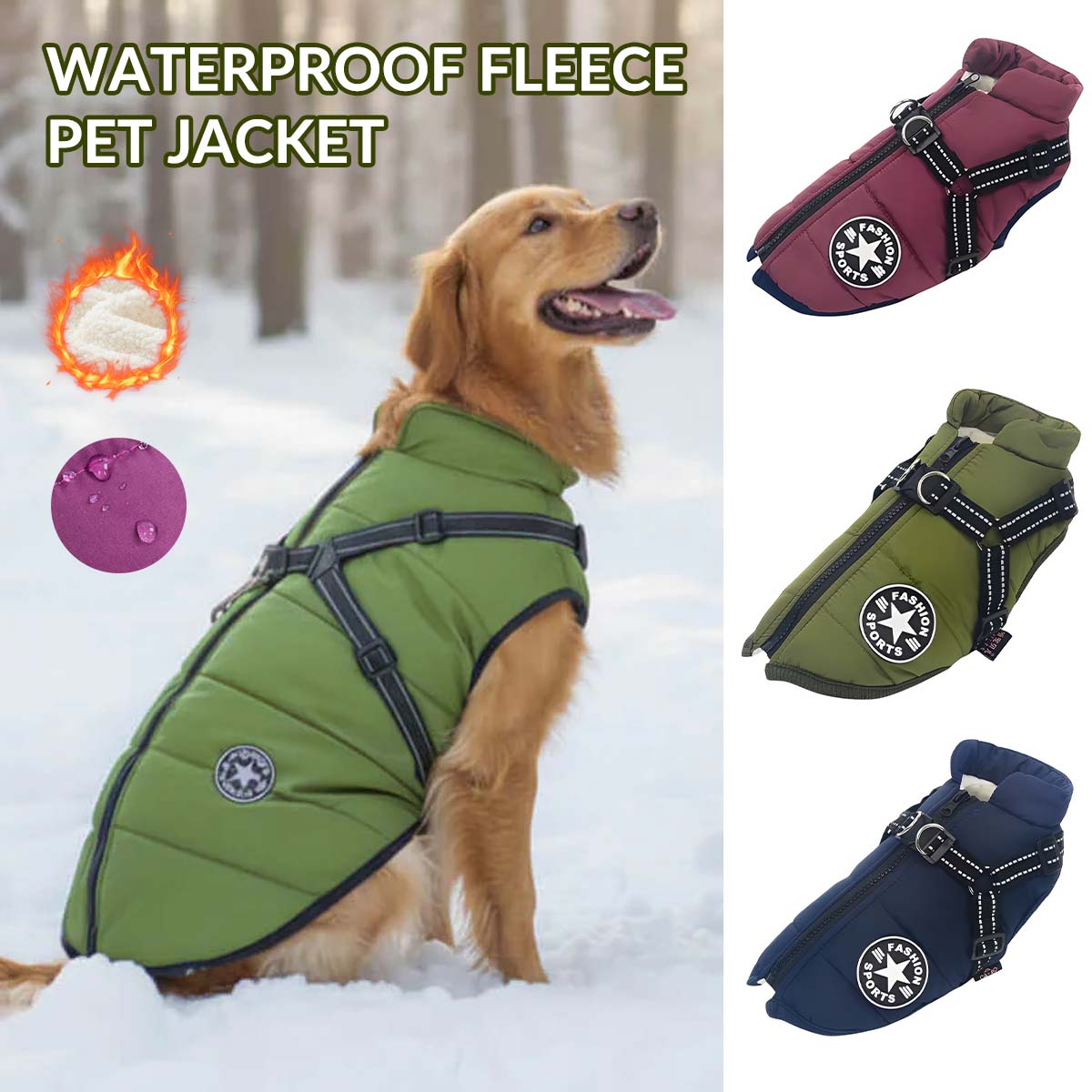 Waterproof Pet Jacket with Built-in Harness, Fleece Lining & Reflective Design