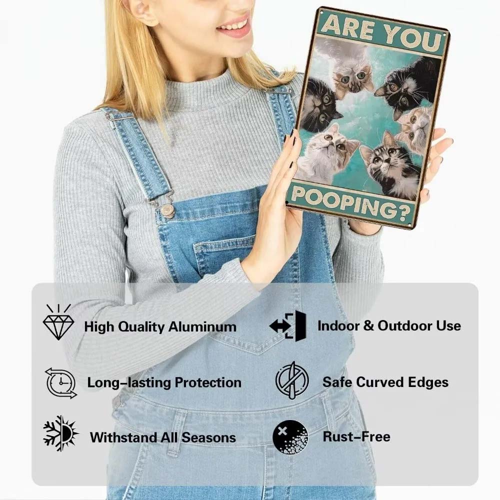 Vintage Cat Metal Sign – Funny "Are You Pooping?" Wall Decor - BW039