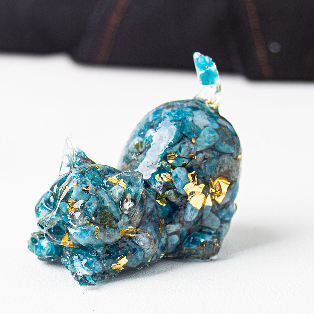 Blue Apatite - Handmade Natural Crystal Gemstone Cat with Raised Tail