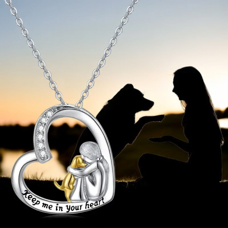925 Sterling Silver Necklace - Heart & Dog Design with Zirconia