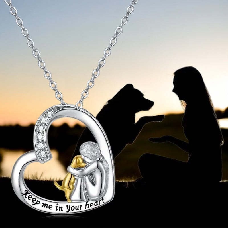 925 Sterling Silver Necklace - Heart & Dog Design with Zirconia