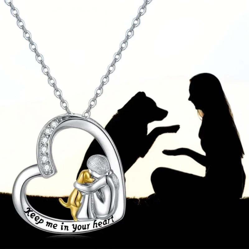 925 Sterling Silver Necklace - Heart & Dog Design with Zirconia