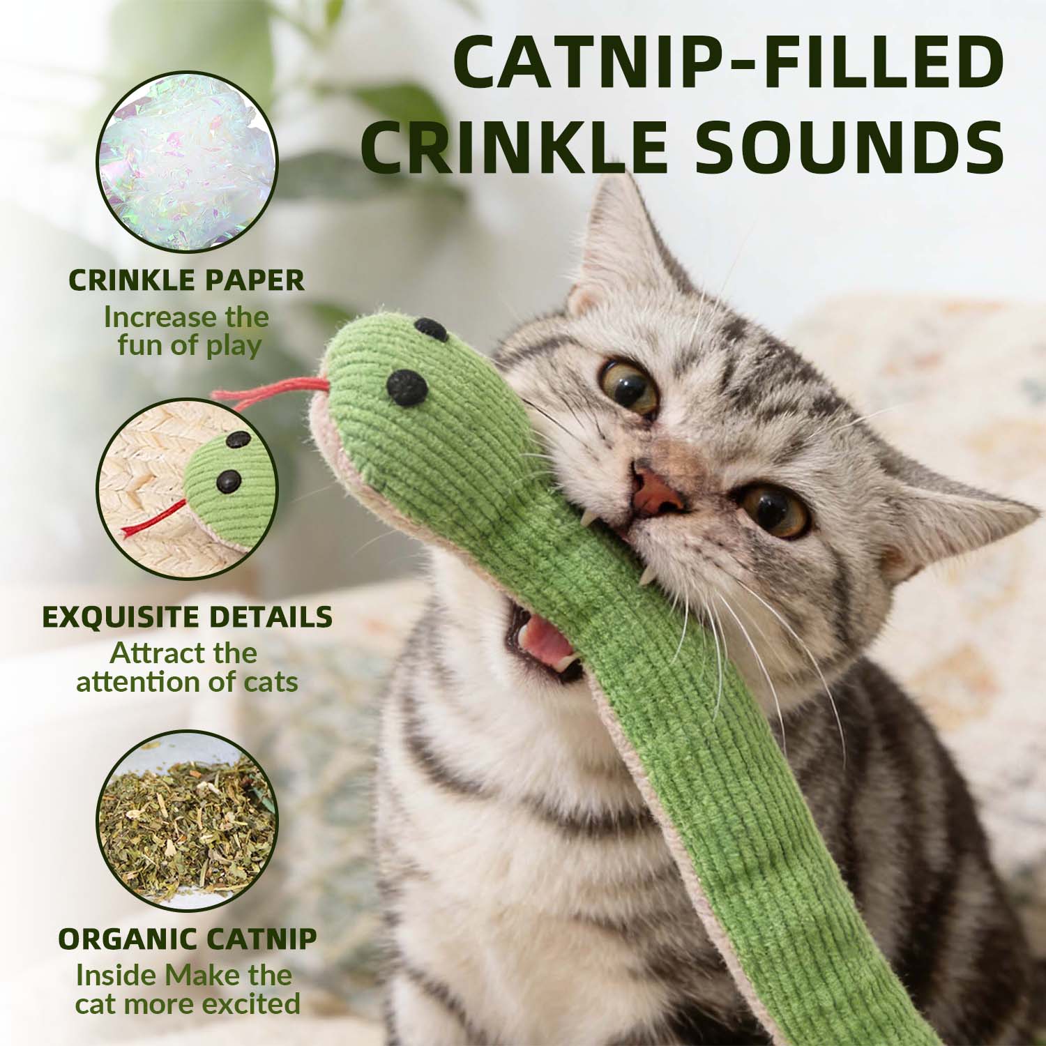 Interactive Snake Plush Toy For Cats & Dogs – Crinkle Paper Inside, Bite-Resistant Design