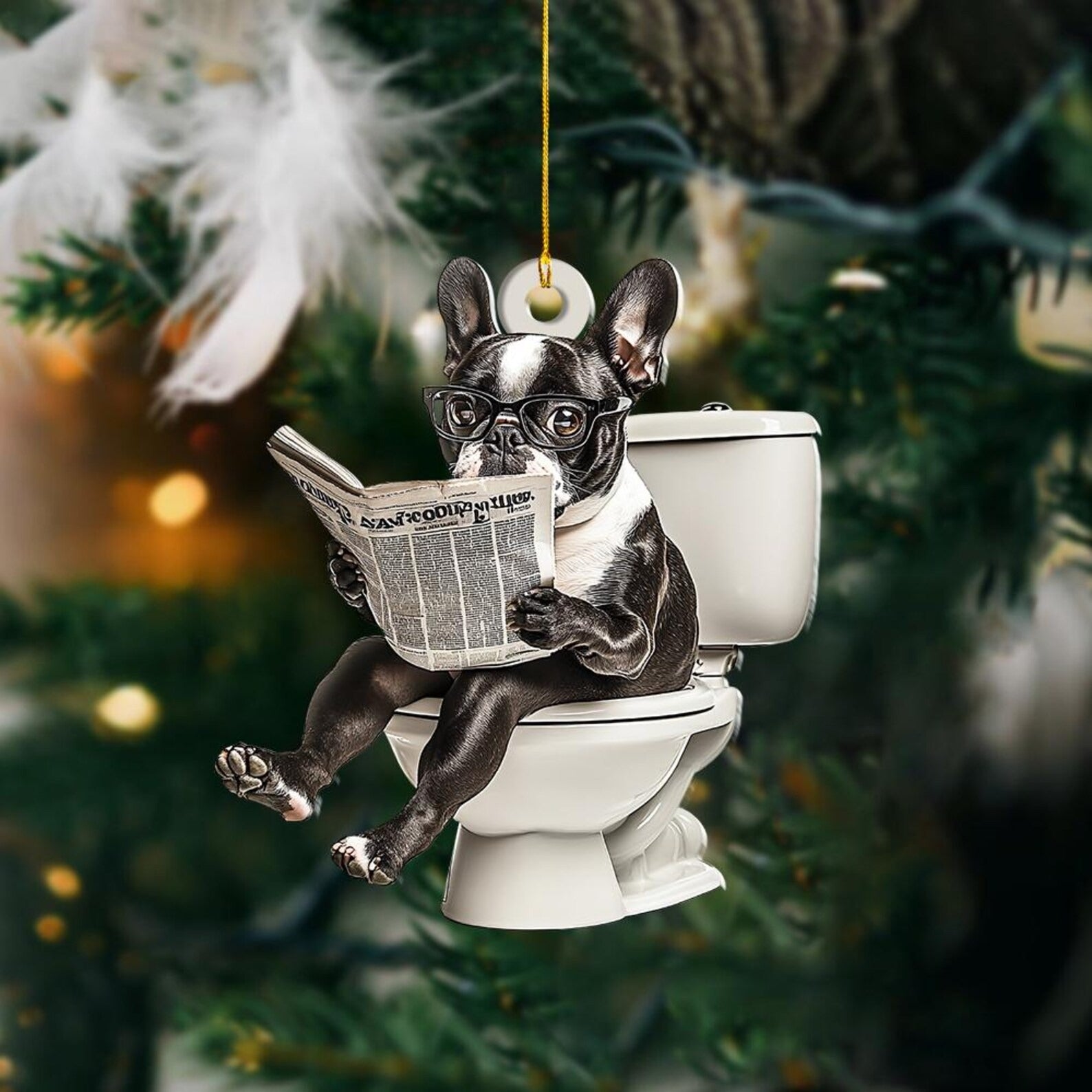 Boston Terrier - Dog Sitting On Toilet Ornament  OT001
