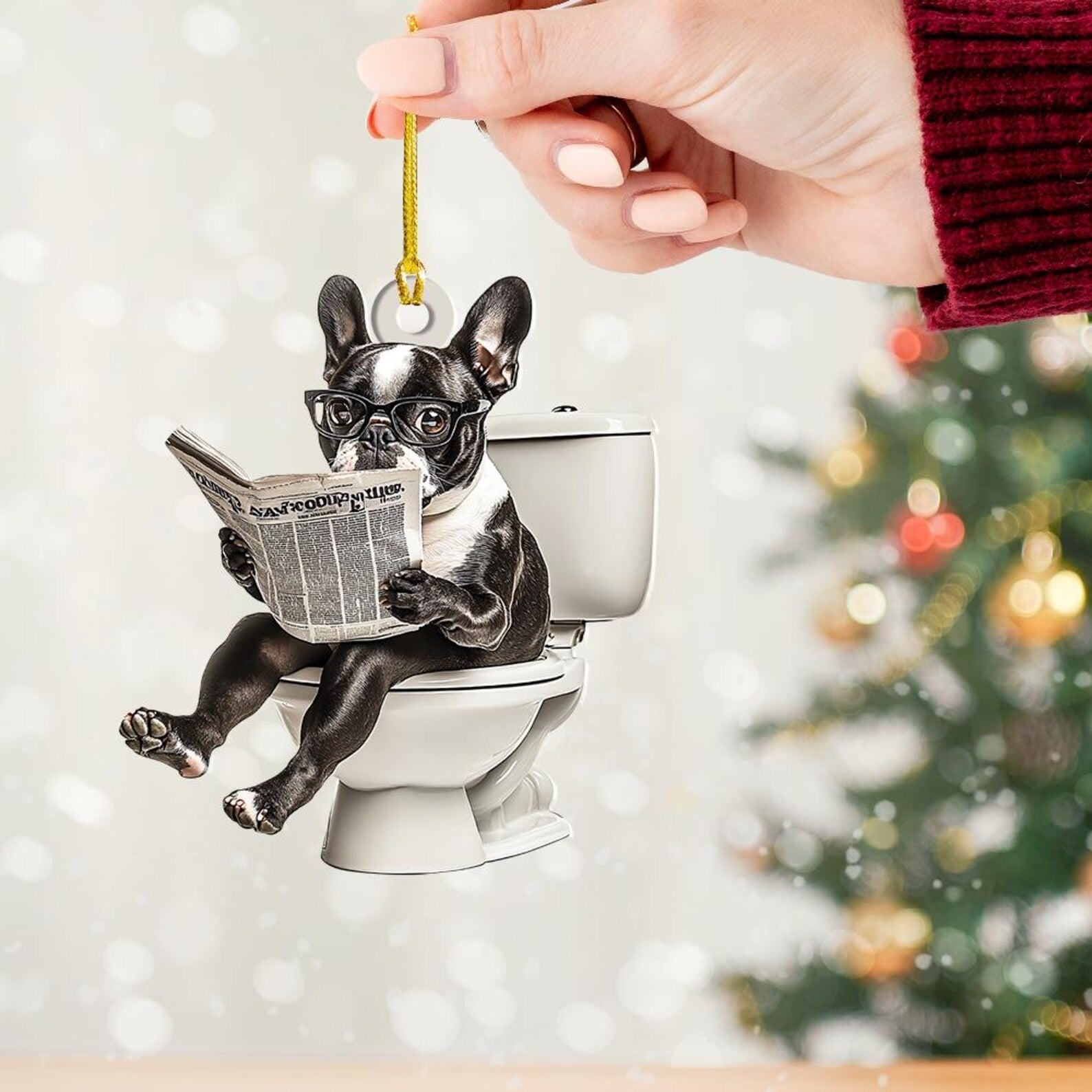 Boston Terrier - Dog Sitting On Toilet Ornament  OT001