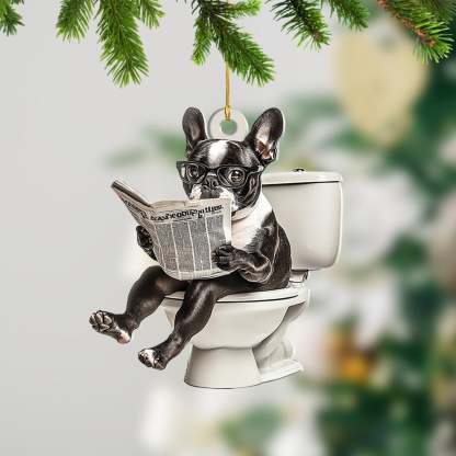 Boston Terrier - Dog Sitting On Toilet Ornament  OT001