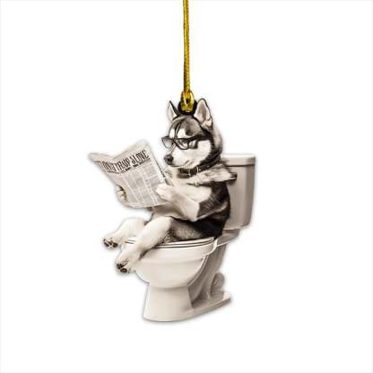Siberian Husky - Dog Sitting On Toilet Ornament  OT002