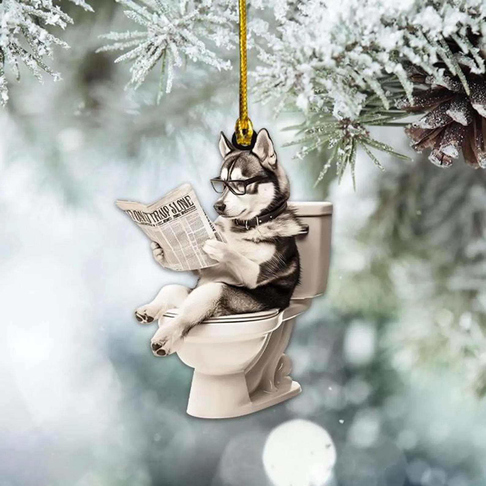 Siberian Husky - Dog Sitting On Toilet Ornament  OT002
