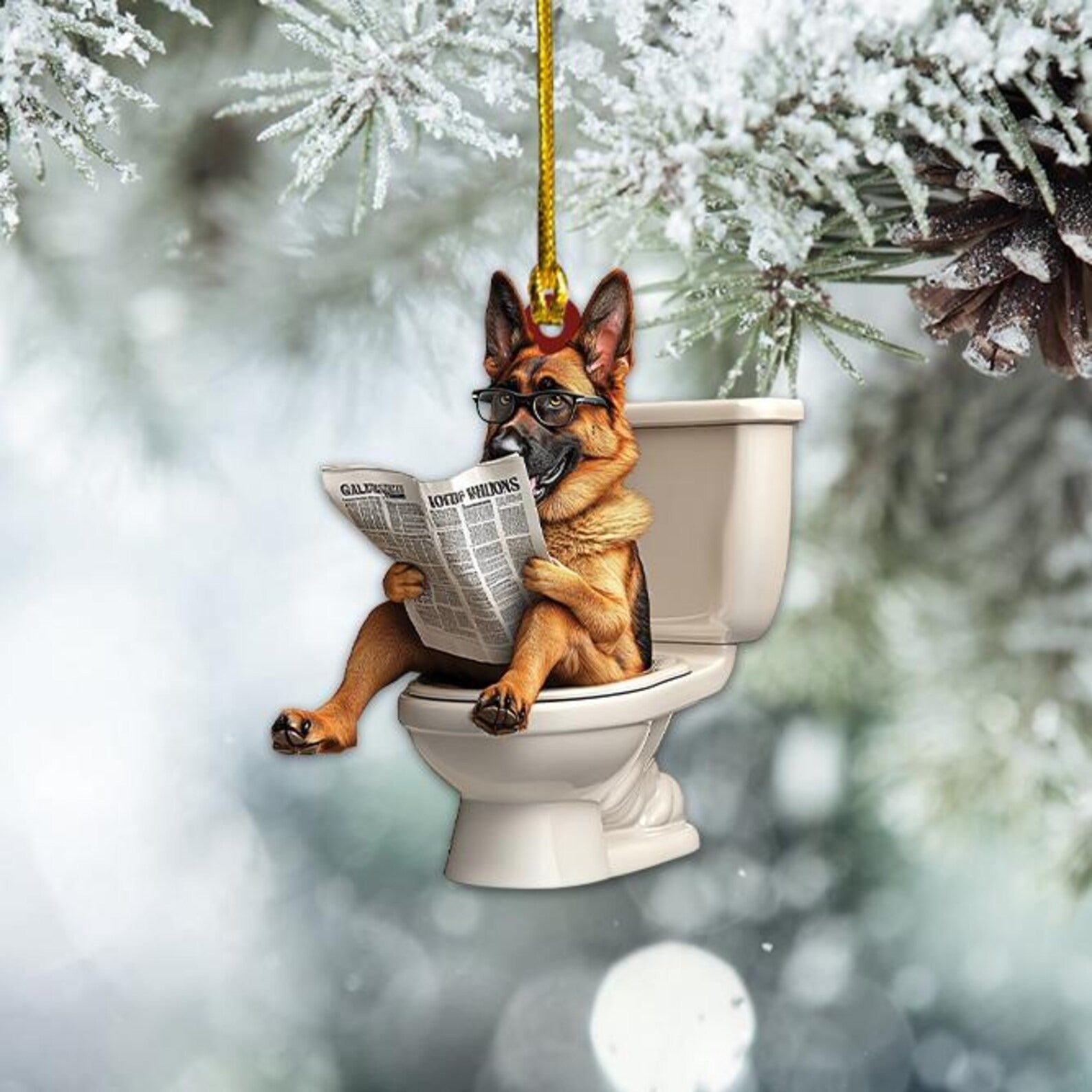 German Shepherd - Dog Sitting On Toilet Ornament  OT004