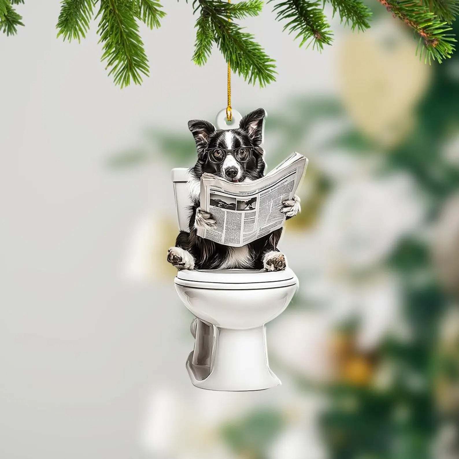 Border Collie - Dog Sitting On Toilet Ornament  OT006