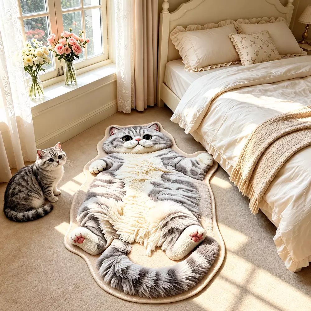 Cat shaped rug used as a decorative bedroom floor mat