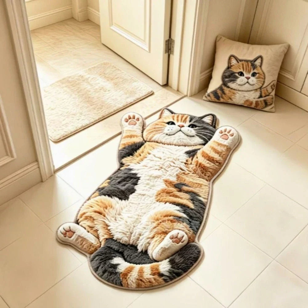 Floor rug printed with a realistic image of a lying tabby cat