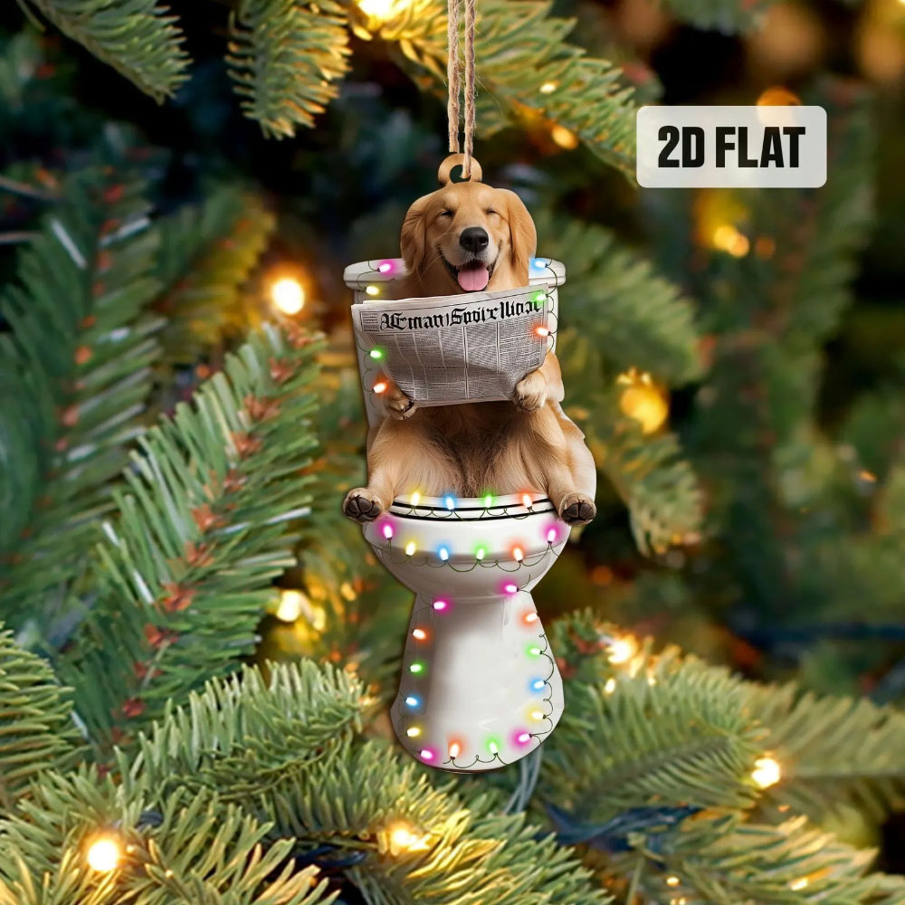 Golden Retriever - Dog Sitting On Toilet Ornament  OT024