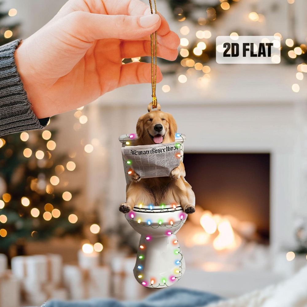 Golden Retriever - Dog Sitting On Toilet Ornament  OT024