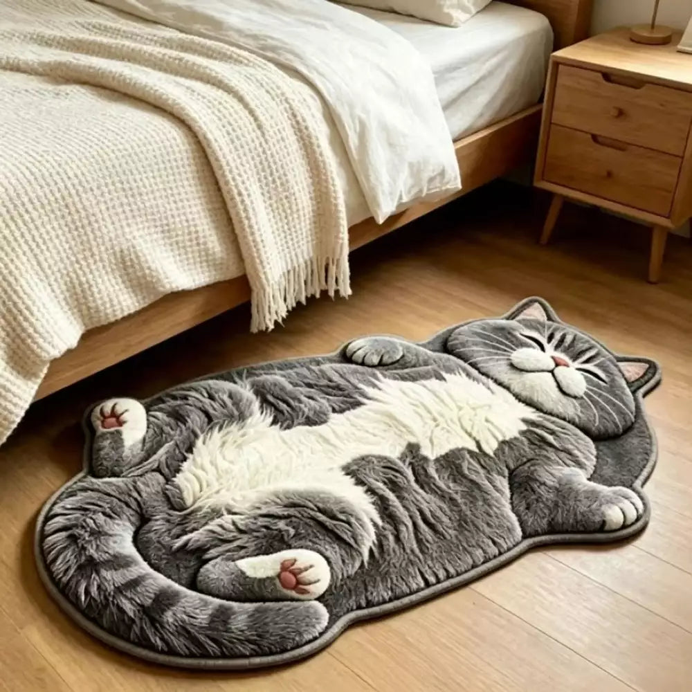 The realistic chubby cat print on the rug