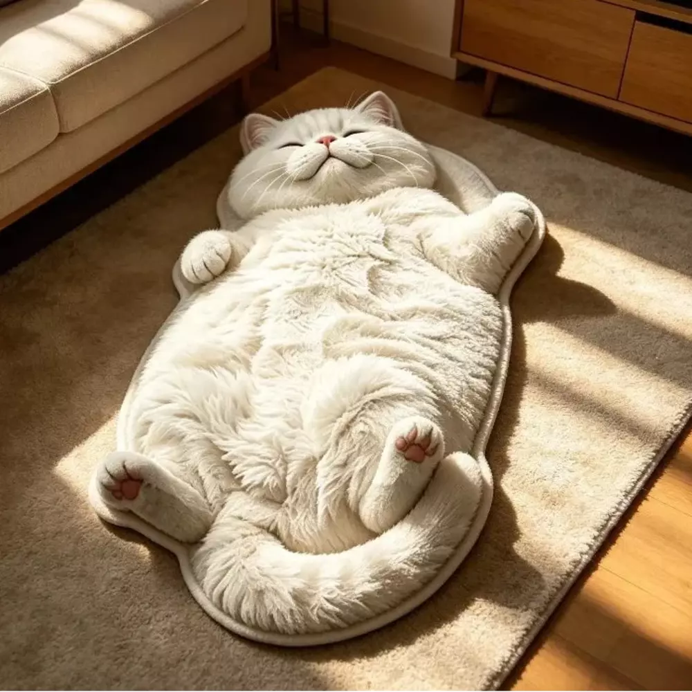 Floor rug printed with a realistic image of a lying white cat