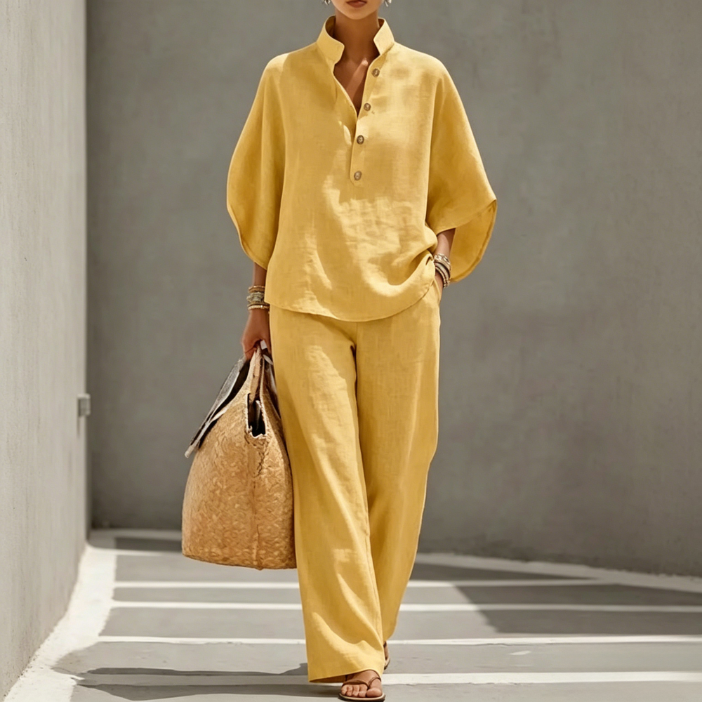 Women's Batwing Sleeve Linen Cotton Two-Piece Set – Casual Shirt & Wide Leg Pants Outfit