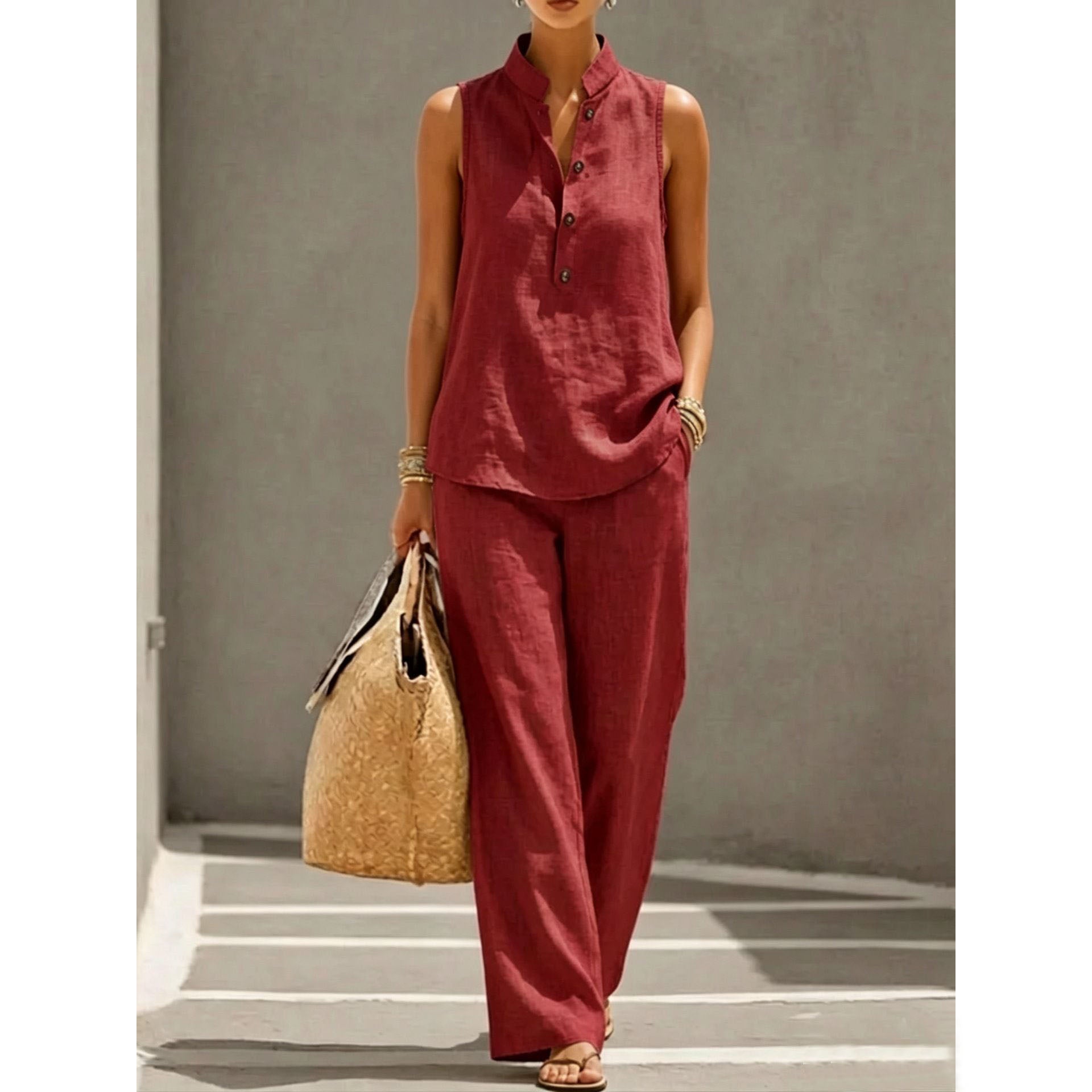 Women's Stand Collar Sleeveless Linen Cotton Top & High-Waist Wide-Leg Pants Set