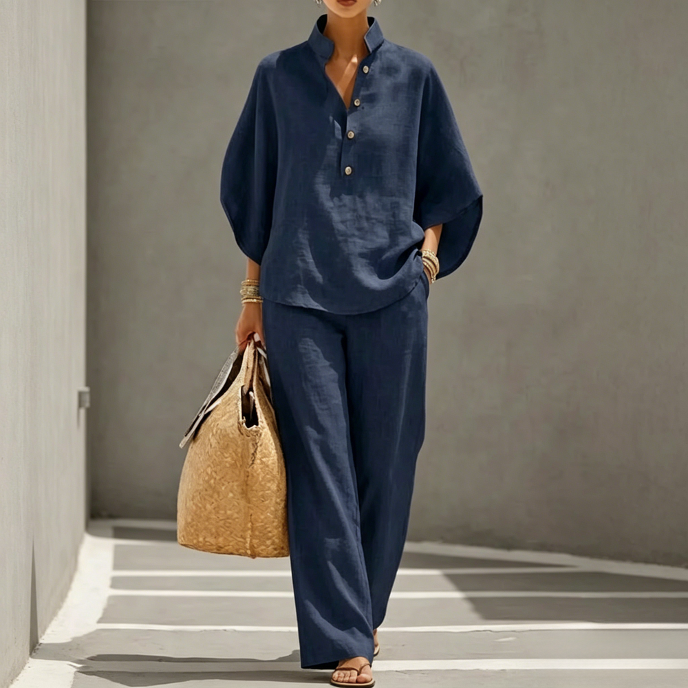 Women's Batwing Sleeve Linen Cotton Two-Piece Set – Casual Shirt & Wide Leg Pants Outfit