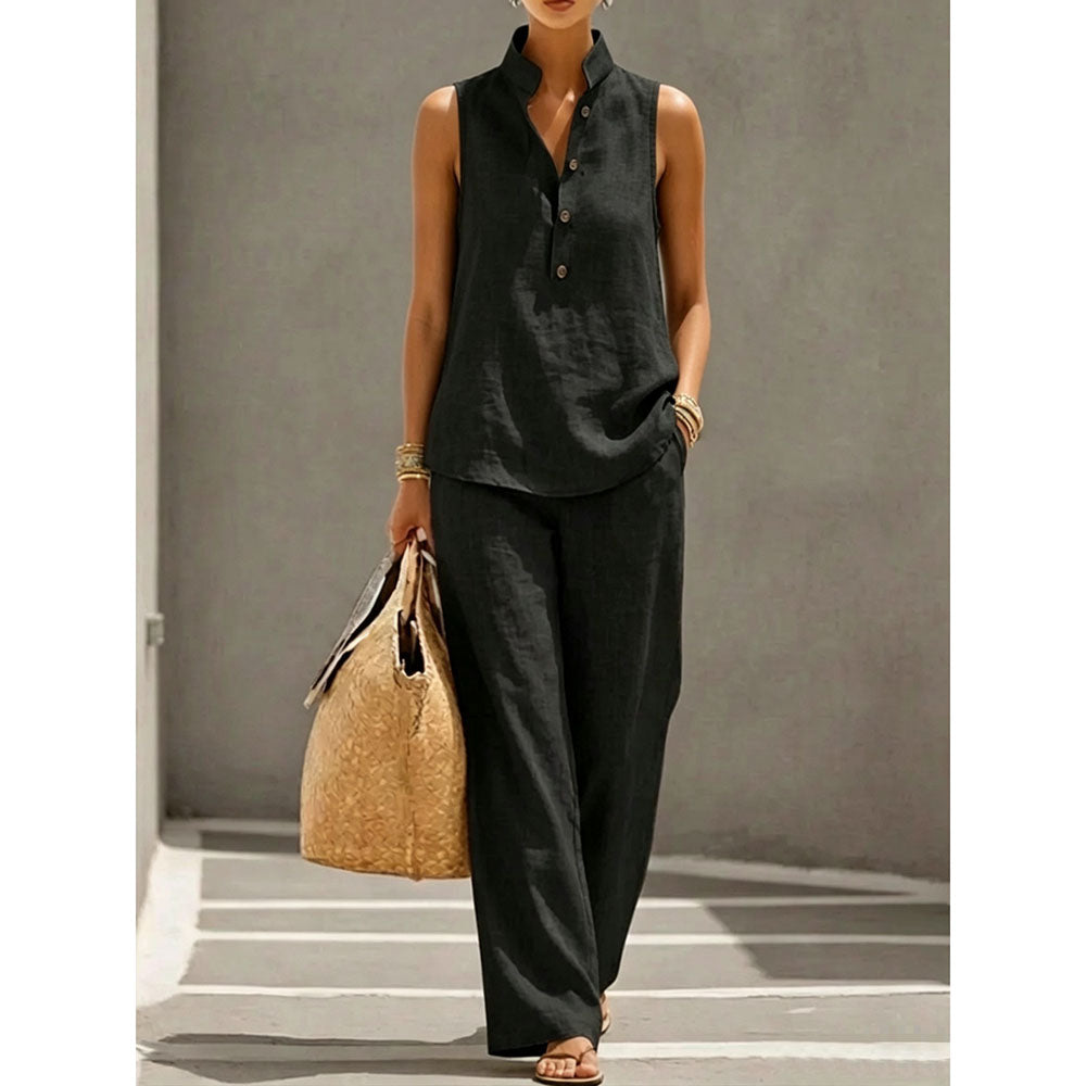 Women's Stand Collar Sleeveless Linen Cotton Top & High-Waist Wide-Leg Pants Set