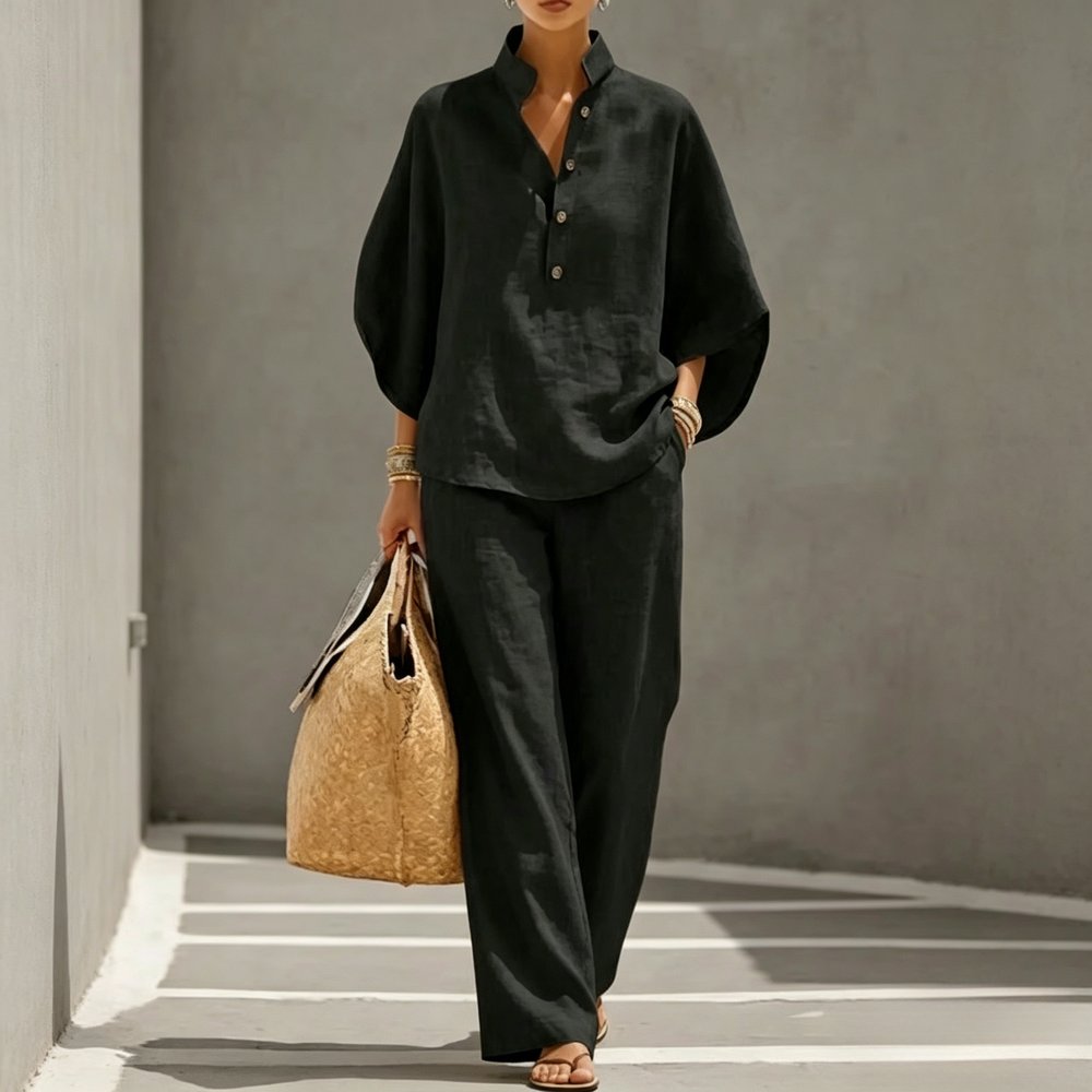 Women's Batwing Sleeve Linen Cotton Two-Piece Set – Casual Shirt & Wide Leg Pants Outfit