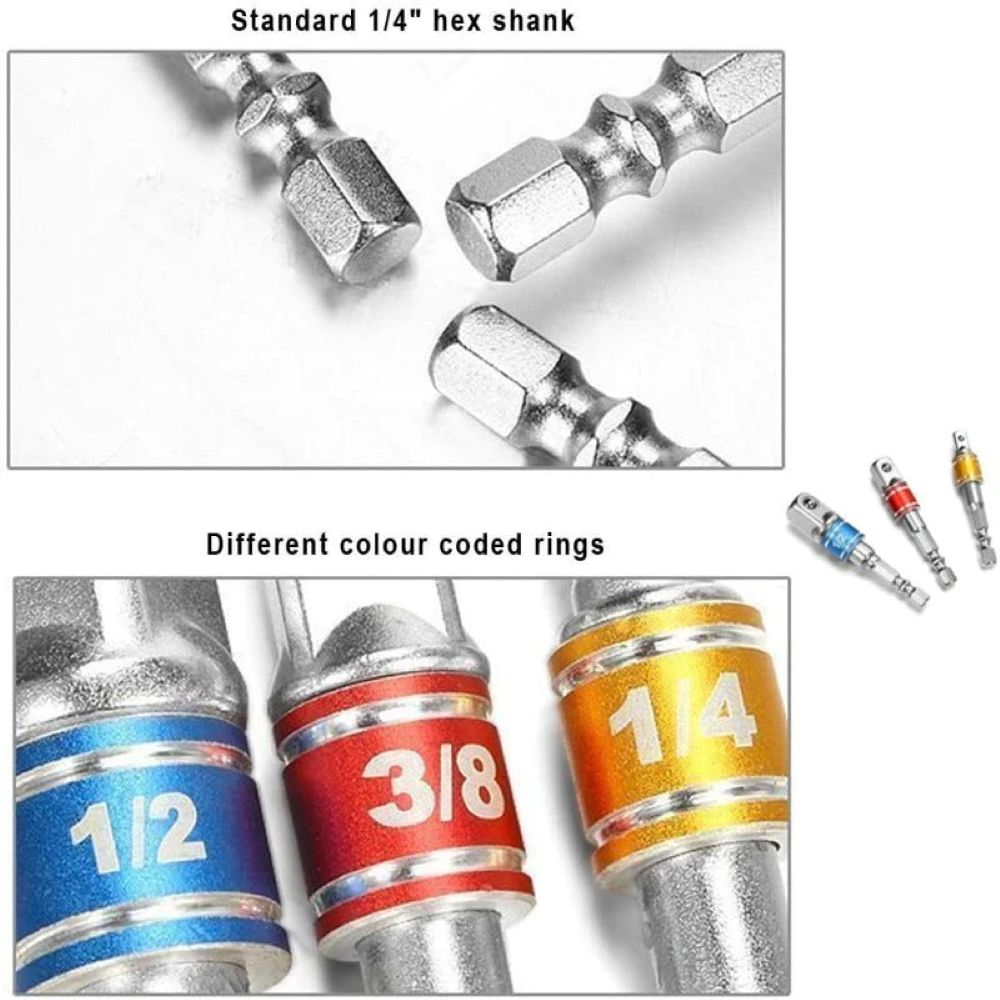 3-Piece Drill Socket Adapter Set – 1/4" 3/8" 1/2" Hex Shank Adapters