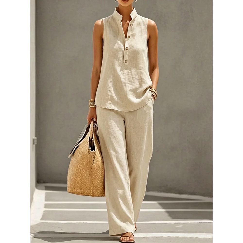 Women's Stand Collar Sleeveless Linen Cotton Top & High-Waist Wide-Leg Pants Set