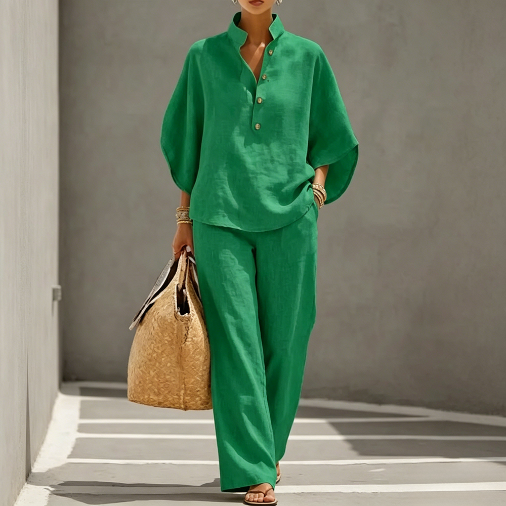 Women's Batwing Sleeve Linen Cotton Two-Piece Set – Casual Shirt & Wide Leg Pants Outfit