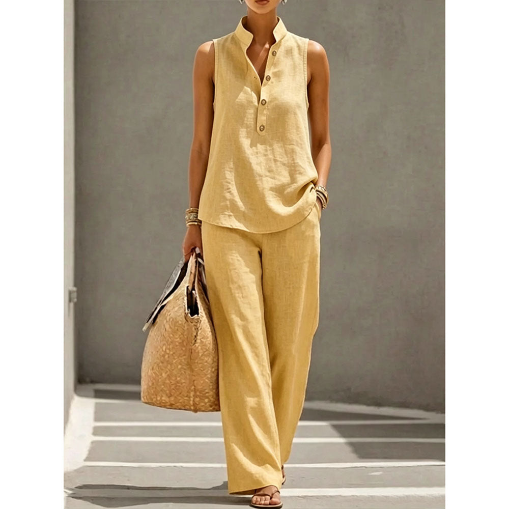 Women's Stand Collar Sleeveless Linen Cotton Top & High-Waist Wide-Leg Pants Set