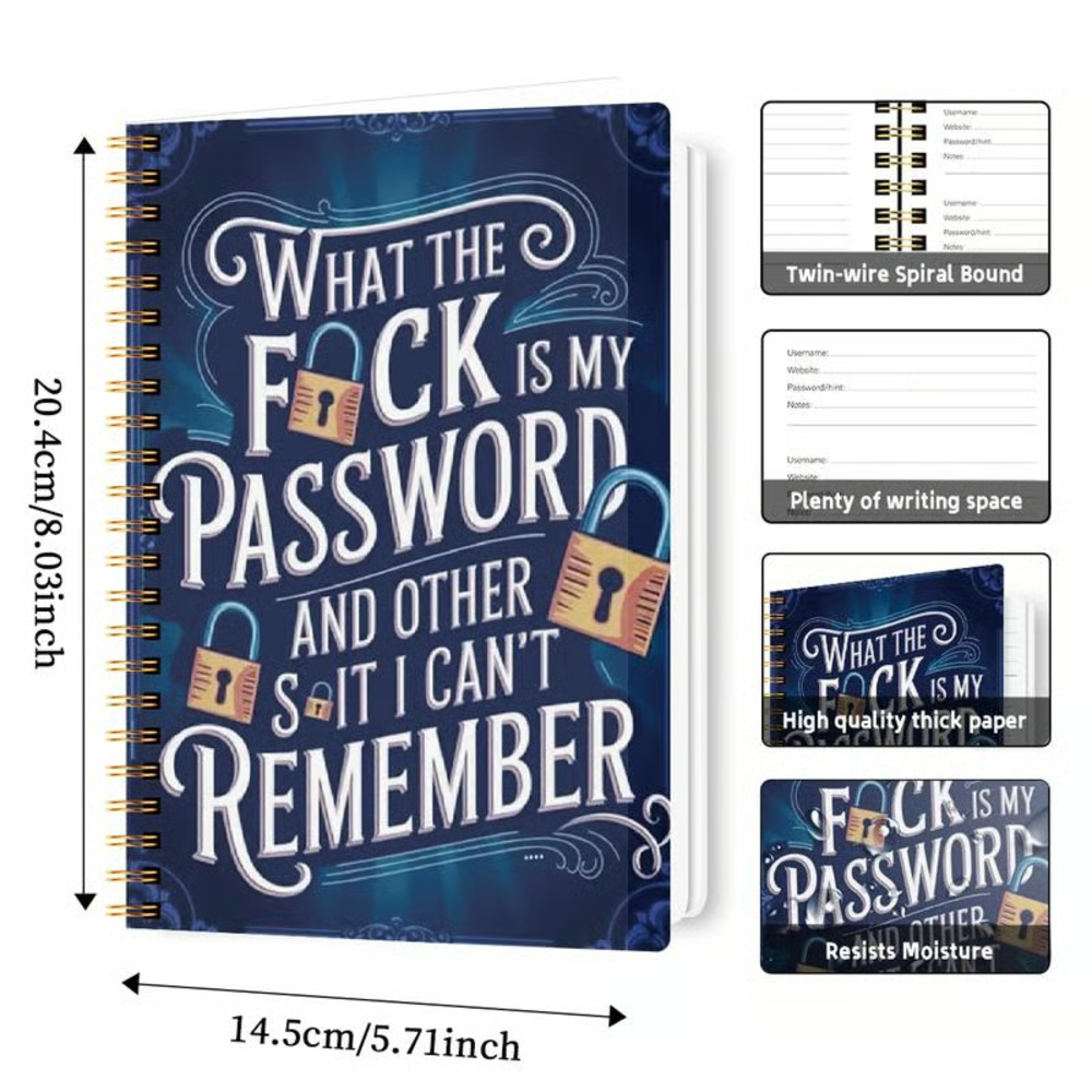 Funny Password Notebook - Spiral Bound with Lock Icons & Funny Security Phrases
