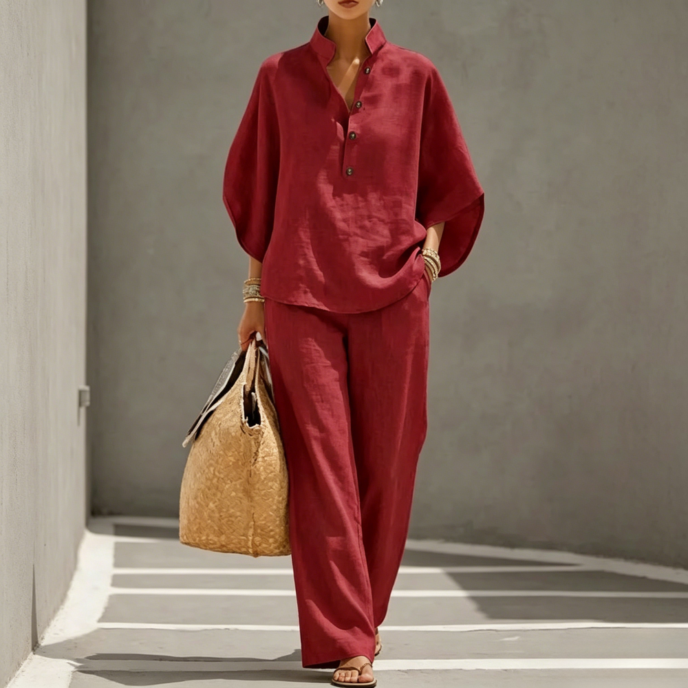 Women's Batwing Sleeve Linen Cotton Two-Piece Set – Casual Shirt & Wide Leg Pants Outfit