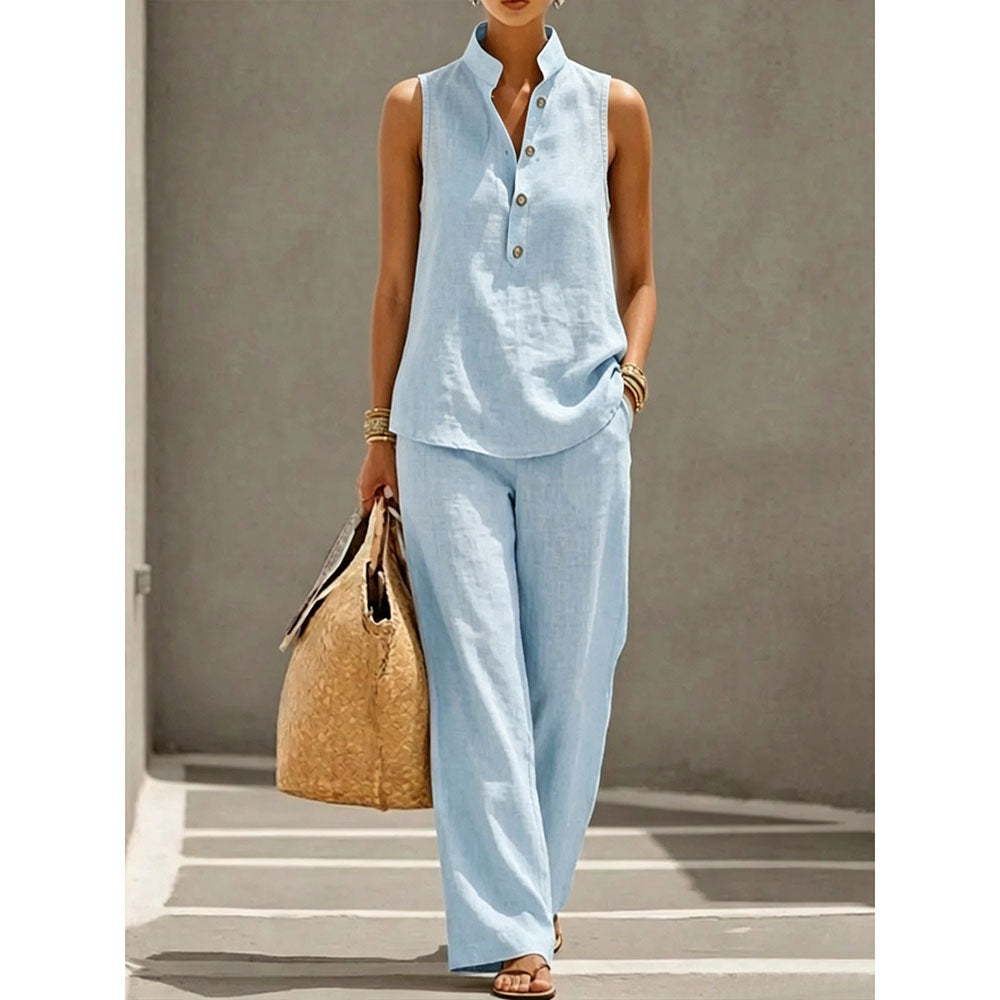 Women's Stand Collar Sleeveless Linen Cotton Top & High-Waist Wide-Leg Pants Set