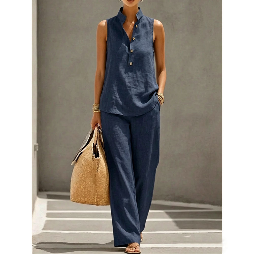 Women's Stand Collar Sleeveless Linen Cotton Top & High-Waist Wide-Leg Pants Set