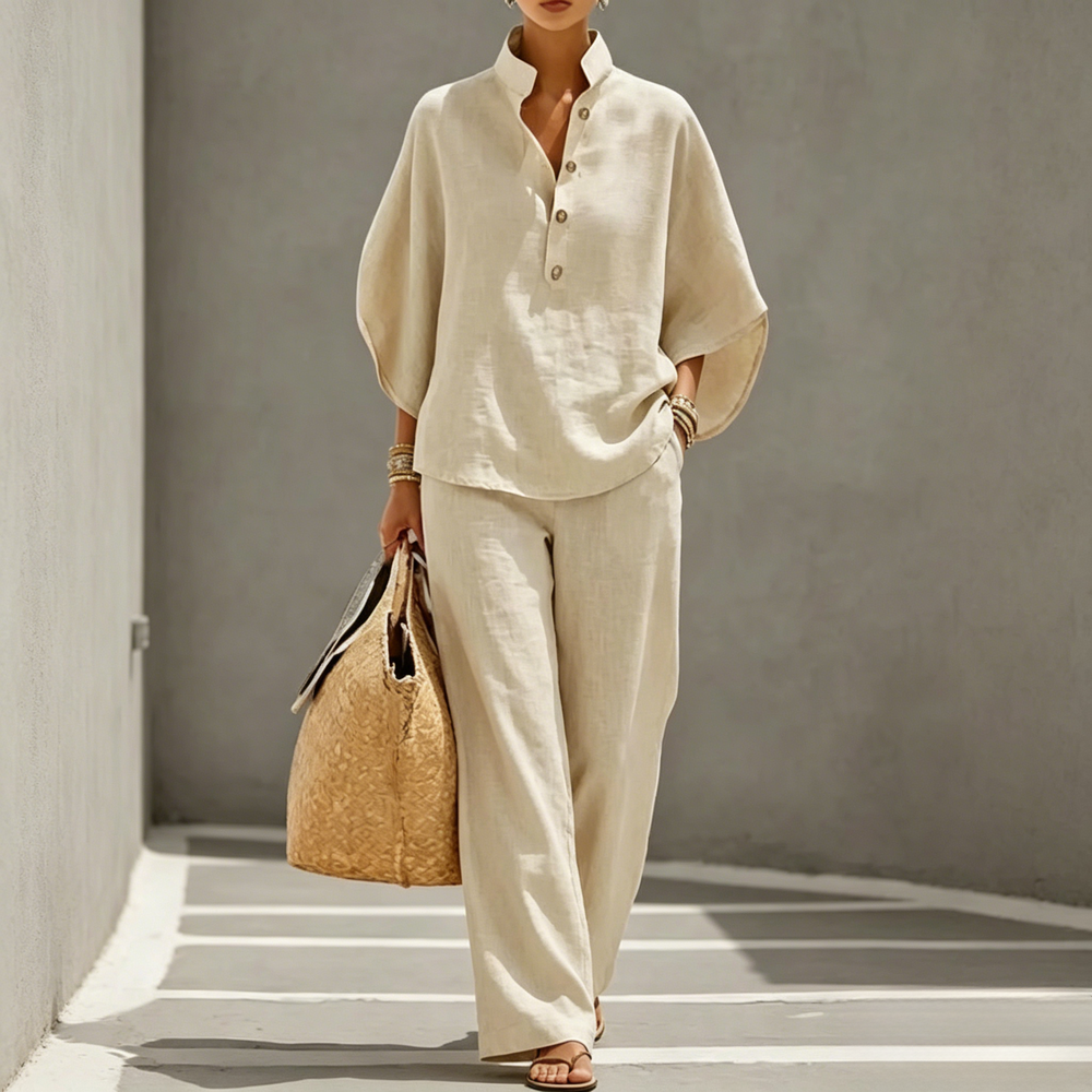 Women's Batwing Sleeve Linen Cotton Two-Piece Set – Casual Shirt & Wide Leg Pants Outfit