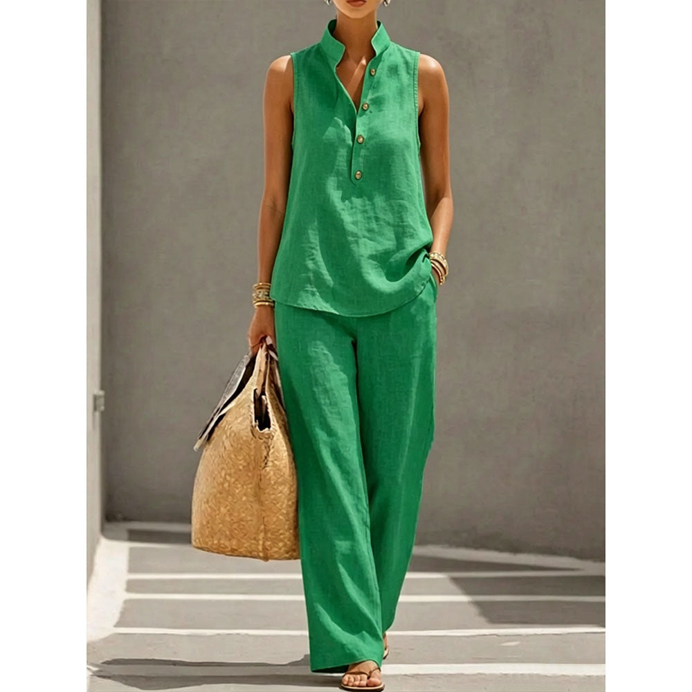 Women's Stand Collar Sleeveless Linen Cotton Top & High-Waist Wide-Leg Pants Set