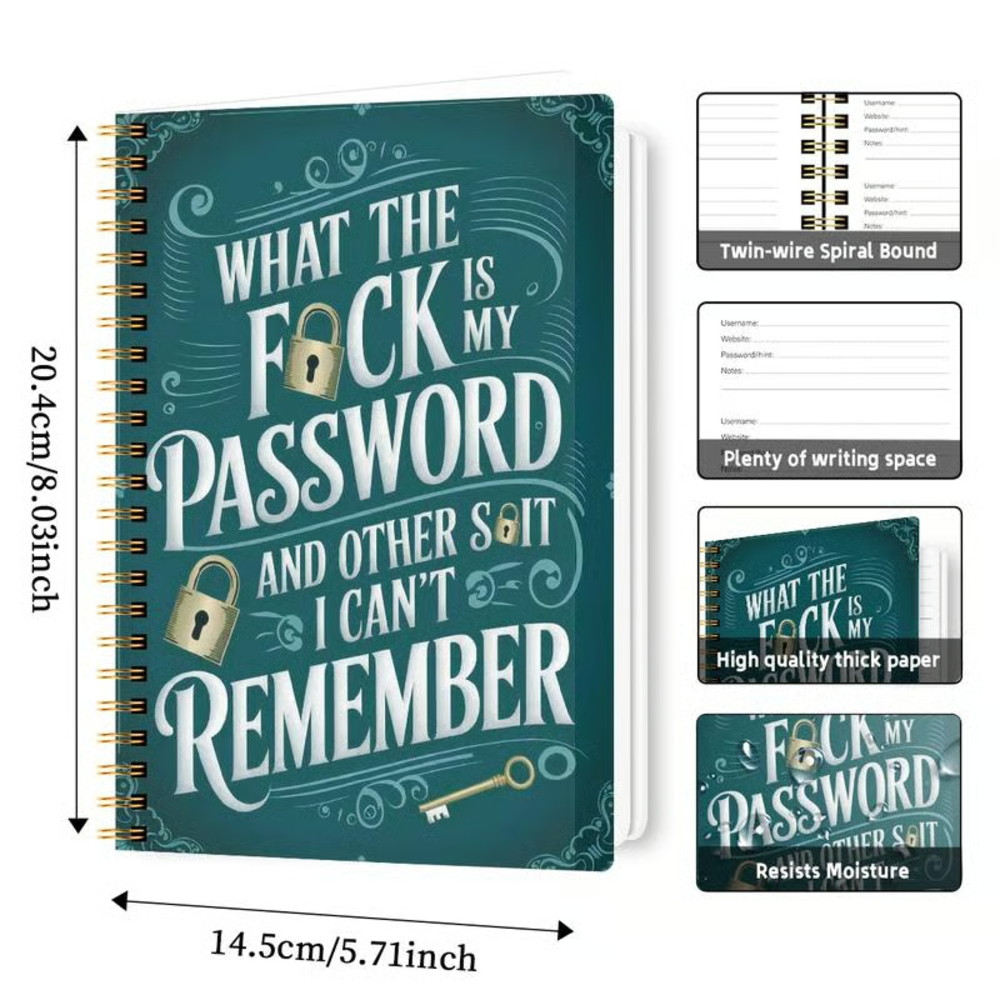 Funny Password Notebook - Spiral Bound with Lock Icons & Funny Security Phrases
