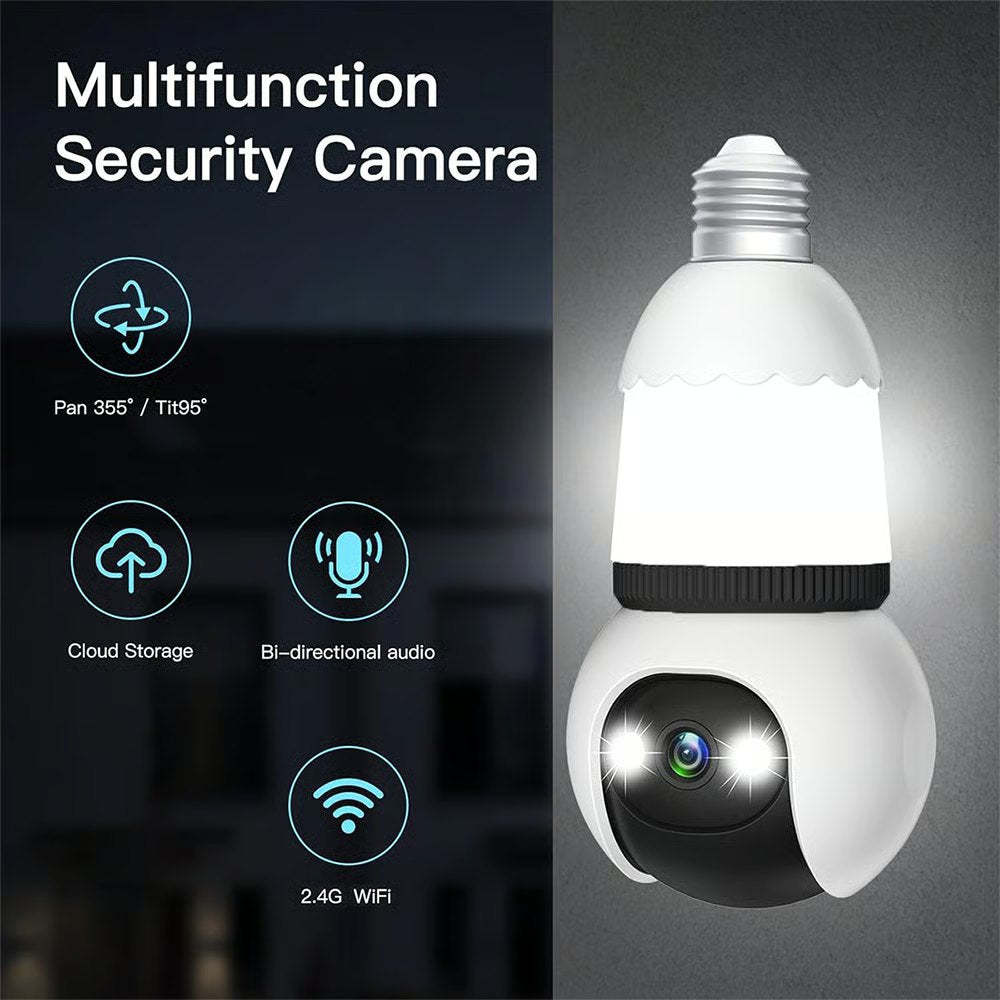 2MP Light Bulb Security Camera 2.4GHz Wireless Outdoor Indoor Camera with Night Vision
