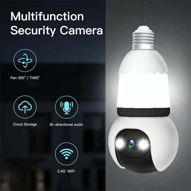 2MP Light Bulb Security Camera 2.4GHz Wireless Outdoor Indoor Camera with Night Vision