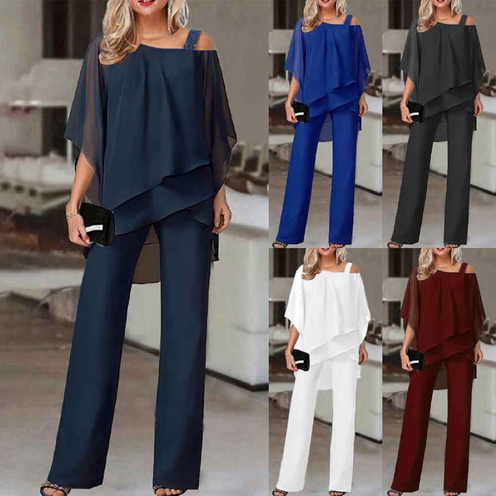 Elegant Layered Chiffon Top & Wide-Leg Pants Set