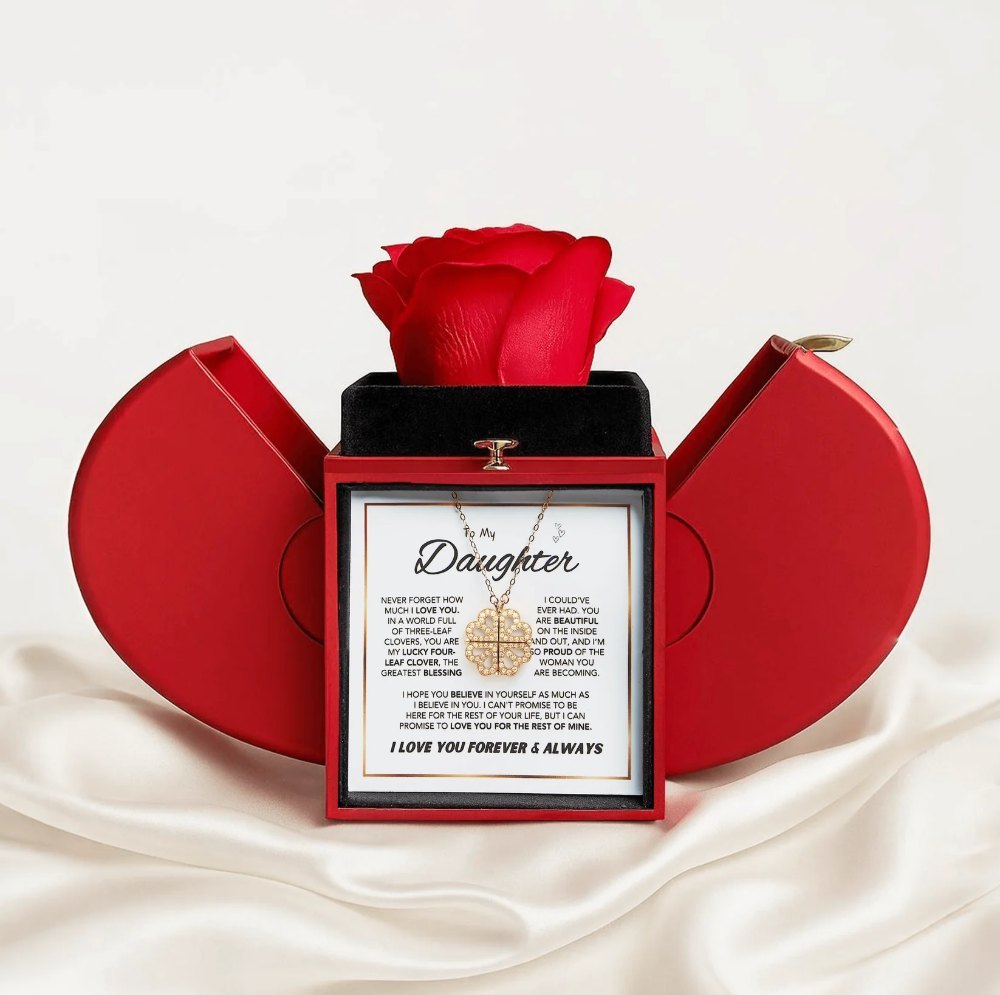 Daughter's 4-Leaf Clover "Lucky Charm" Necklace and Forever Rose Gift Box