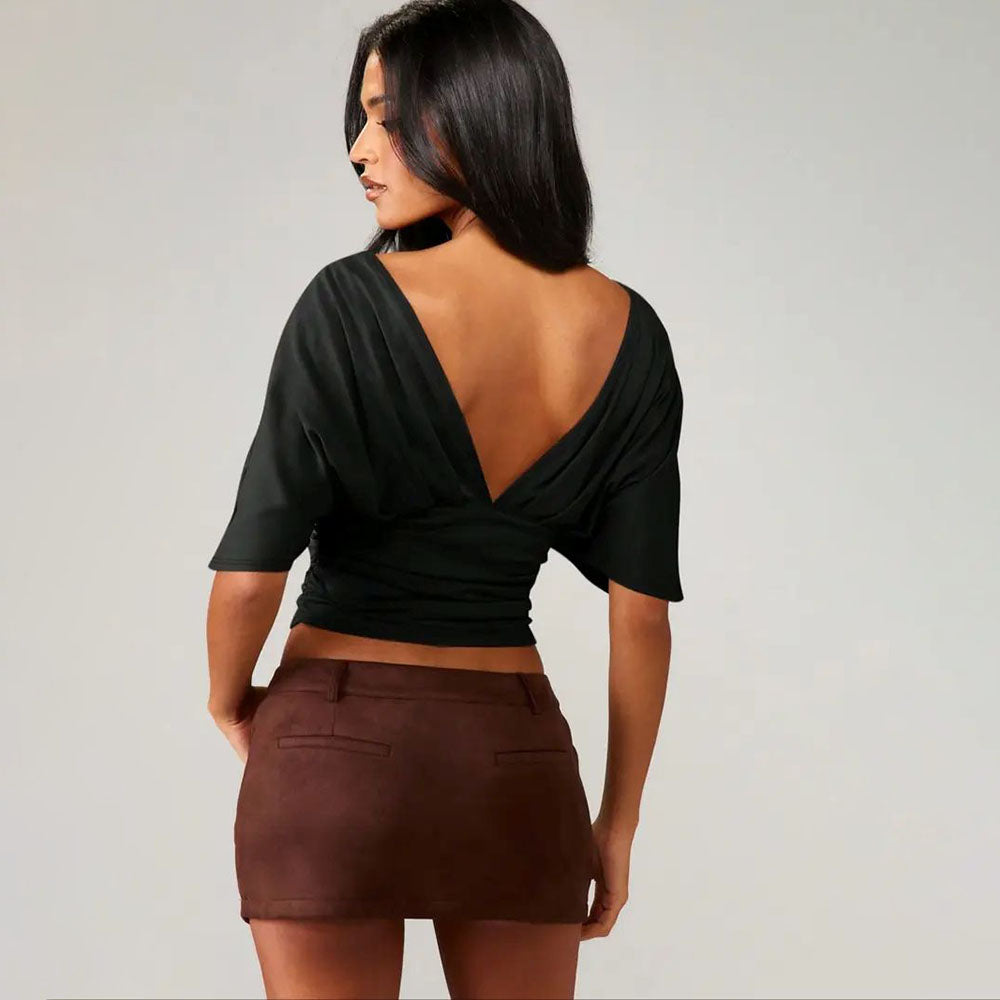 Women’s V-Neck Backless Bodycon Top – Slim Fit Sexy Summer Tee