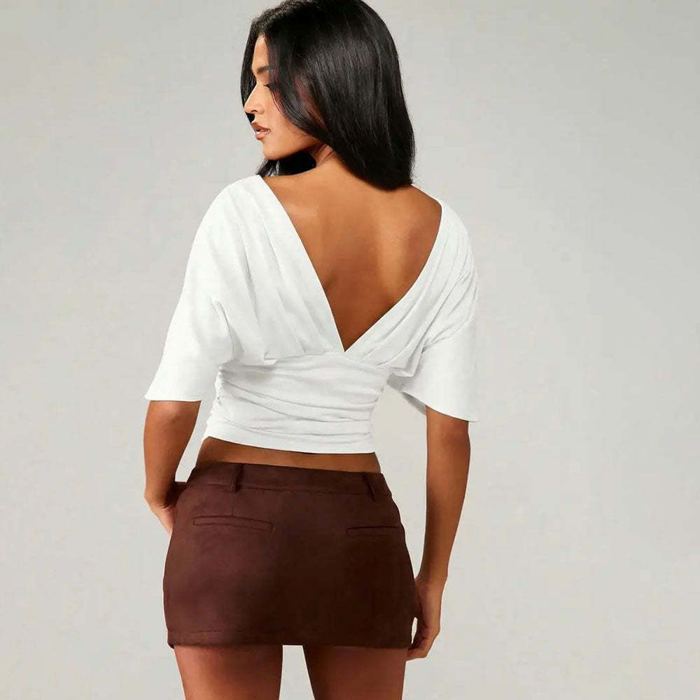 Women’s V-Neck Backless Bodycon Top – Slim Fit Sexy Summer Tee