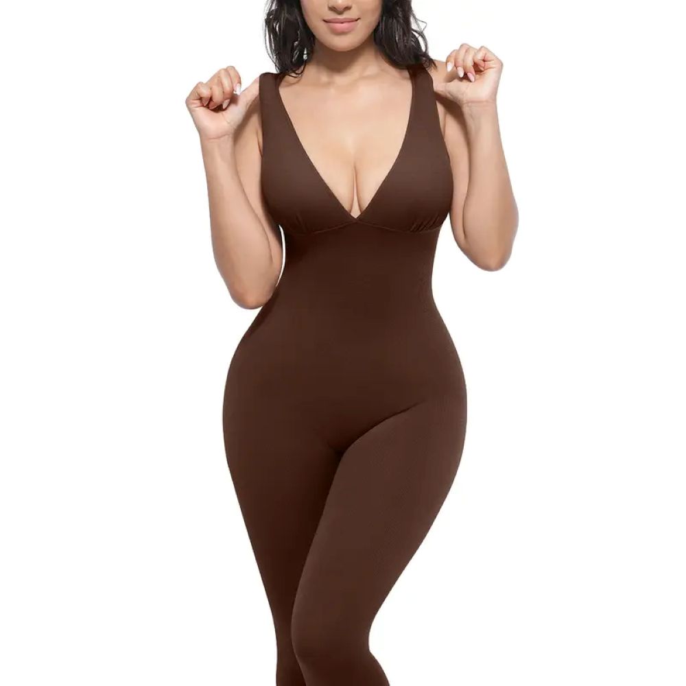Deep V Shapewear with Chest Support Breathable High-Waisted Tummy Control Jumpsuit