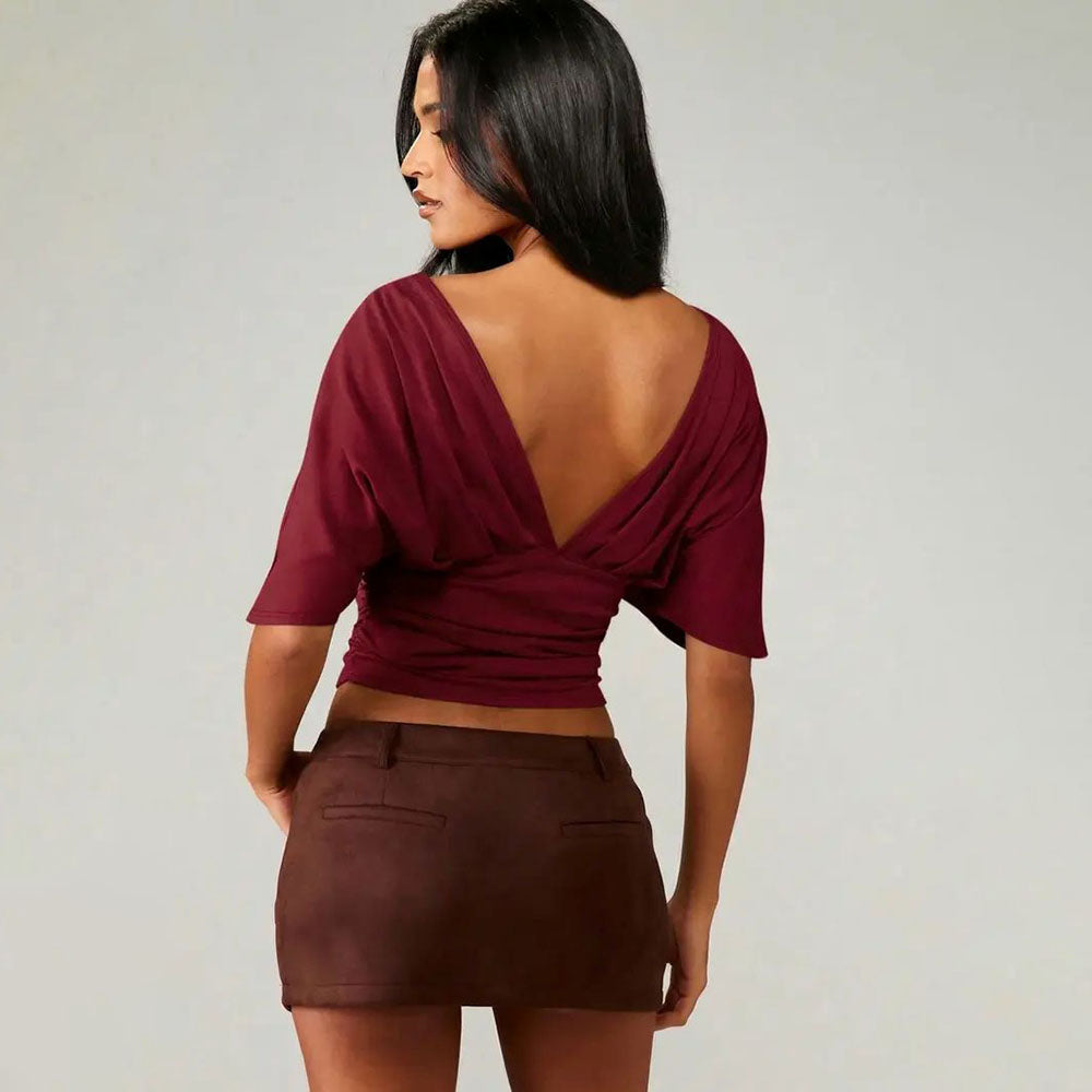 Women’s V-Neck Backless Bodycon Top – Slim Fit Sexy Summer Tee