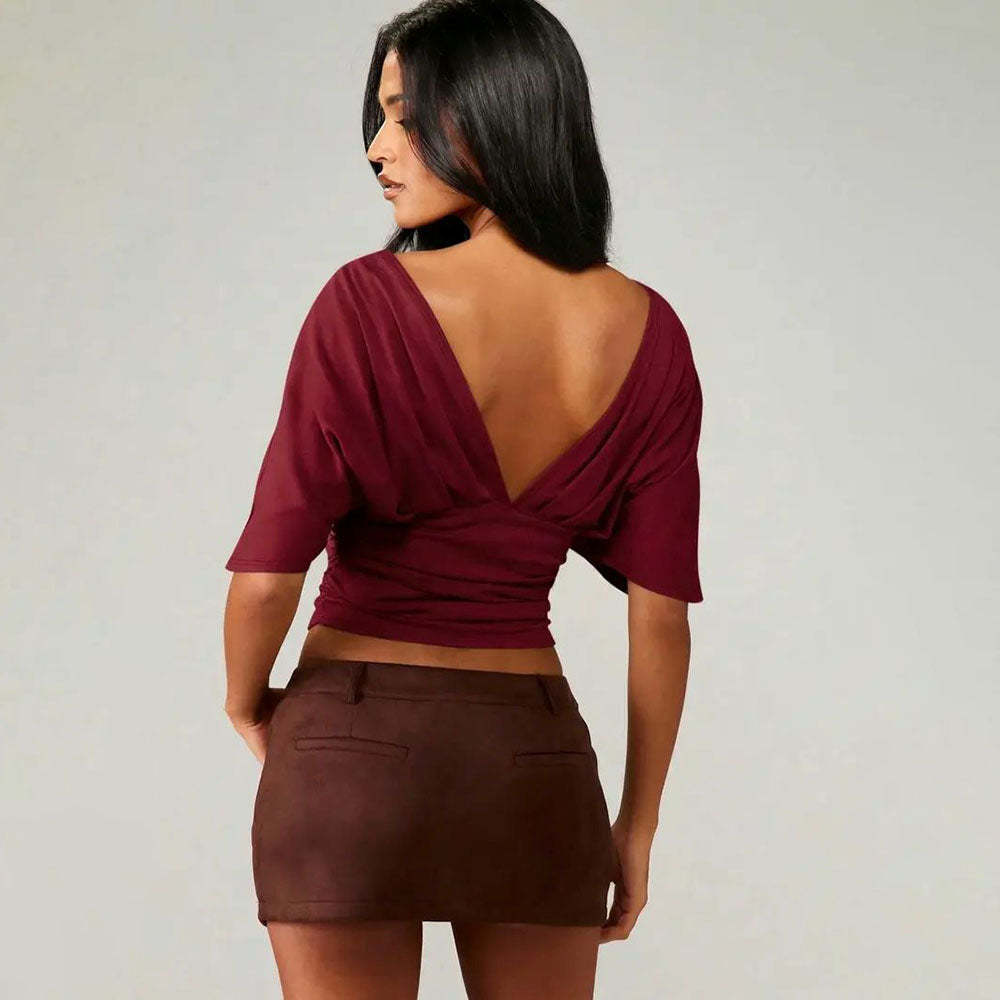 Women’s V-Neck Backless Bodycon Top – Slim Fit Sexy Summer Tee