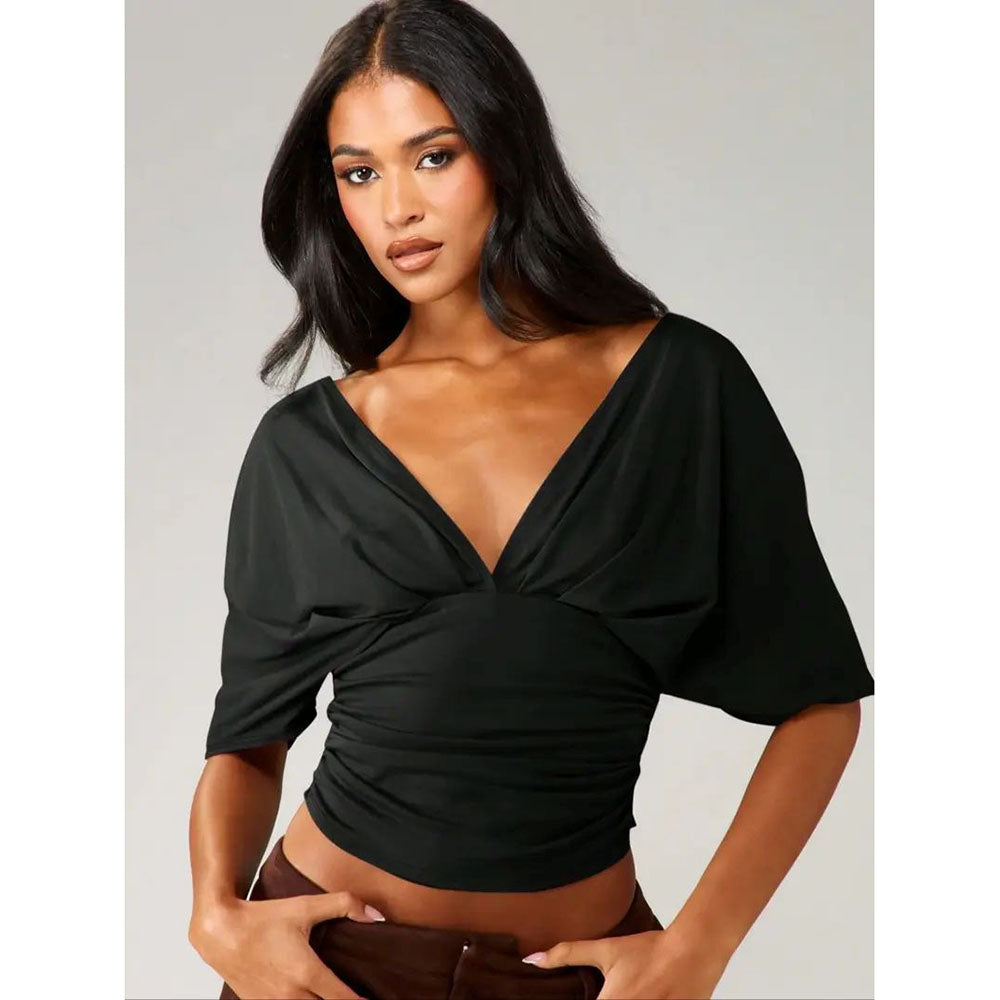 Women’s V-Neck Backless Bodycon Top – Slim Fit Sexy Summer Tee