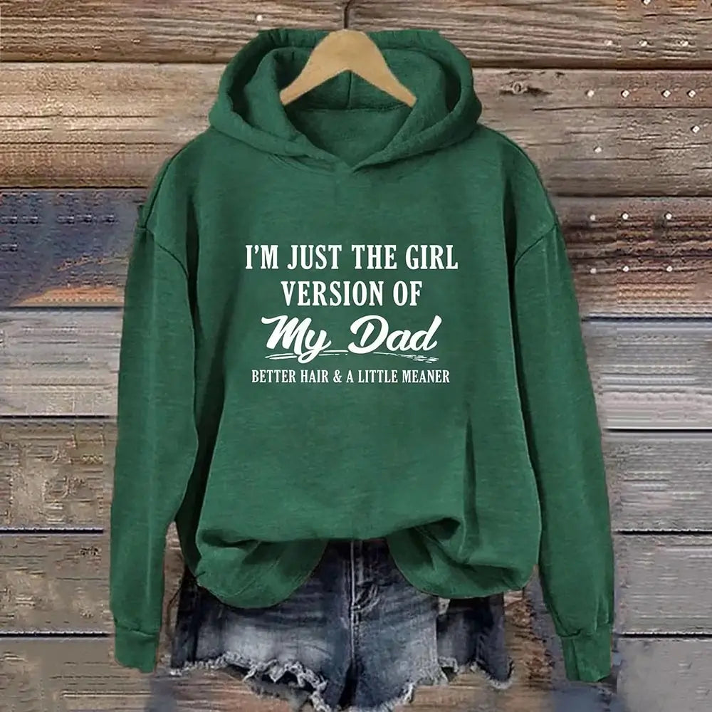 Green graphic hoodie with a humorous dad daughter design