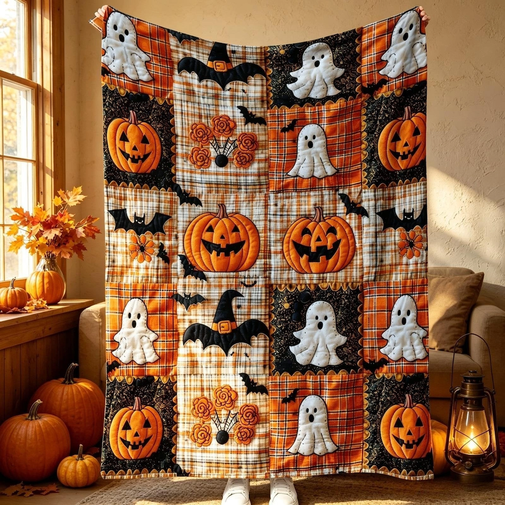 Halloween Patchwork Blanket - G230 - Pumpkin Ghost Bat Plaid Patchwork Blanket