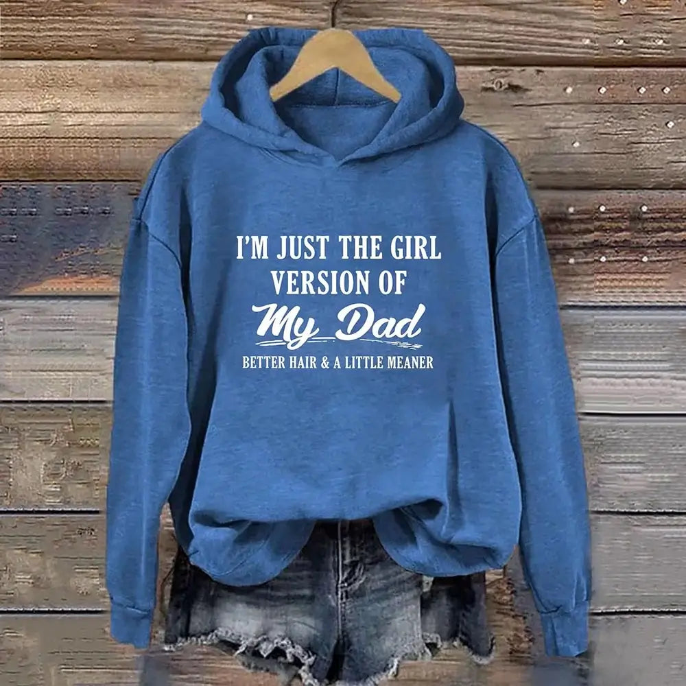Blue graphic hoodie with a humorous dad daughter design